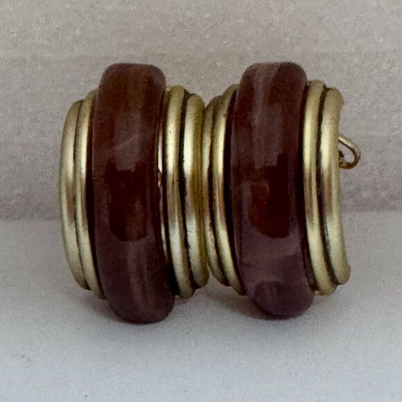 Vintage Gold Tone & Brown Chunky Clip On Earrings Retro Fashion Jewelry - Picture 2 of 4